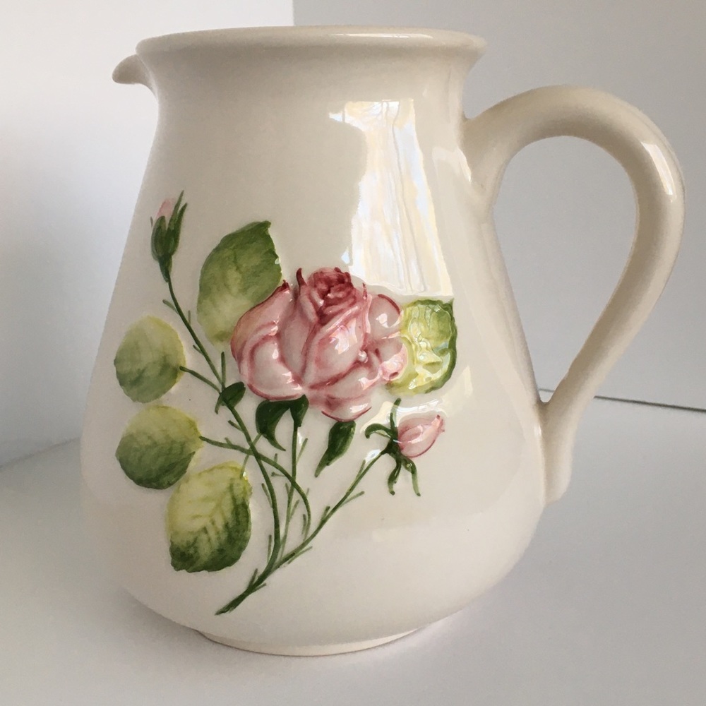 Vintage vase pink raised roses white glaze 7" EUC